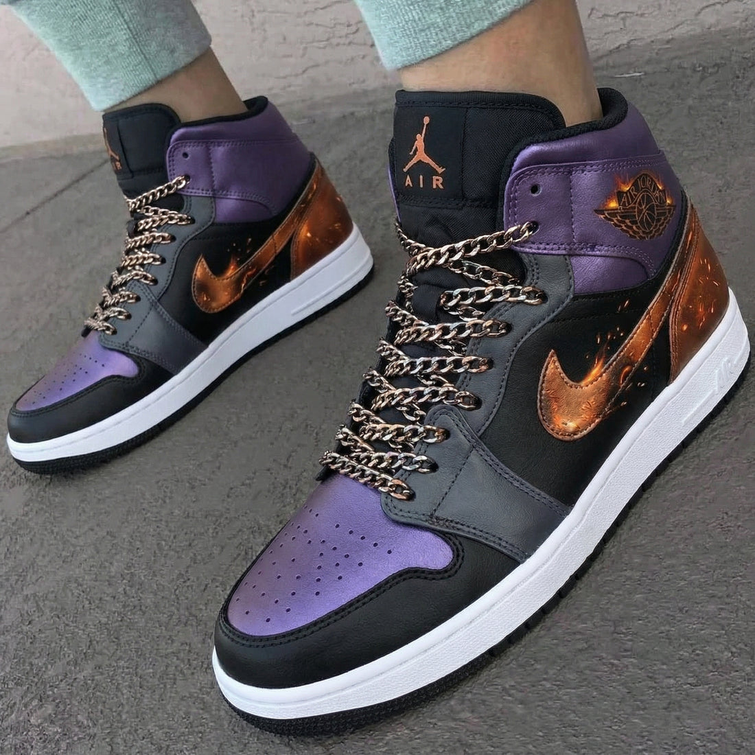 Custom AJ 1s Shoes with Chain and Flame Pattern Black and Purple
