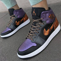 Custom AJ 1s Shoes with Chain and Flame Pattern Black and Purple