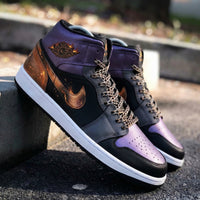 Custom AJ 1s Shoes with Chain and Flame Pattern Black and Purple