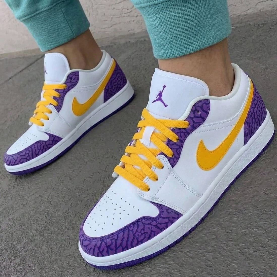 Custom AJ 1s Shoes with Cracked Pattern Purple and Yellow