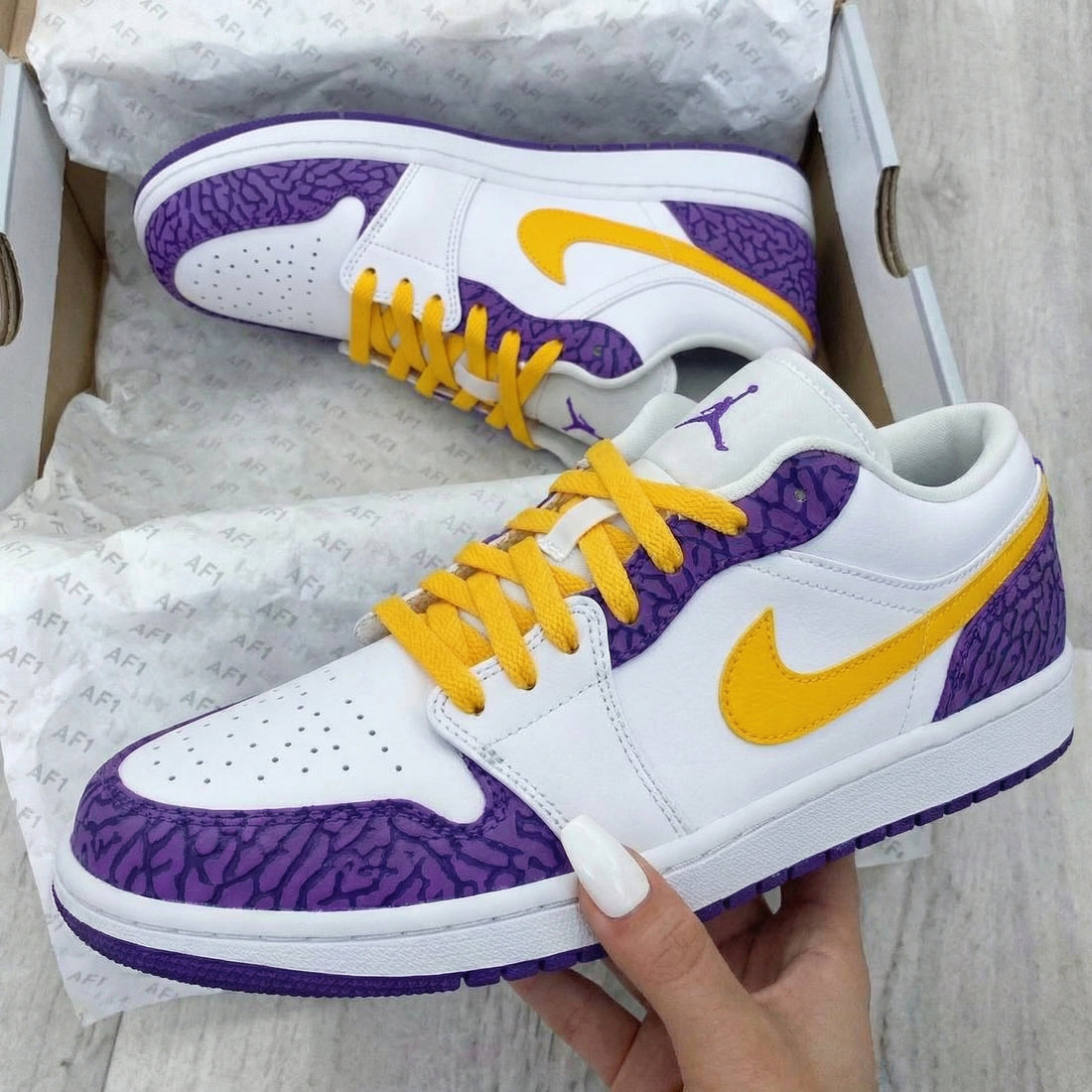Custom AJ 1s Shoes with Cracked Pattern Purple and Yellow