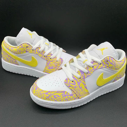 Custom AJ 1s Shoes with Crackle Pattern Yellow Purple