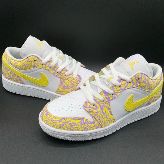 Custom AJ 1s Shoes with Crackle Pattern Yellow Purple