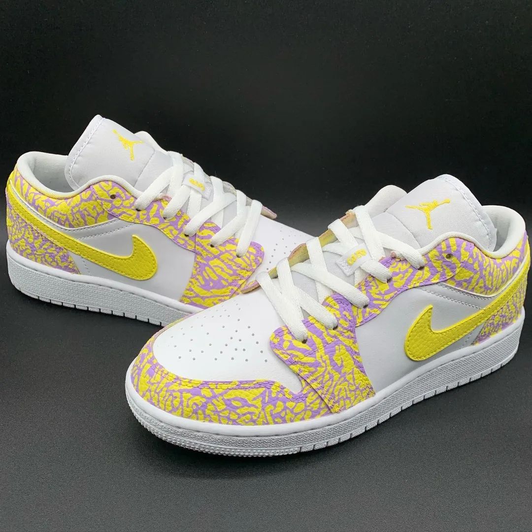 Custom AJ 1s Shoes with Crackle Pattern Yellow Purple