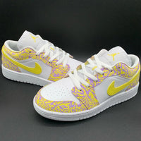 Custom AJ 1s Shoes with Crackle Pattern Yellow Purple