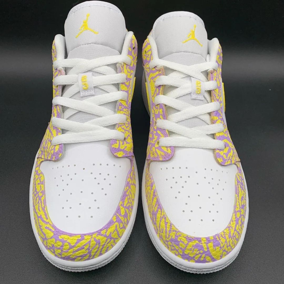 Custom AJ 1s Shoes with Crackle Pattern Yellow Purple