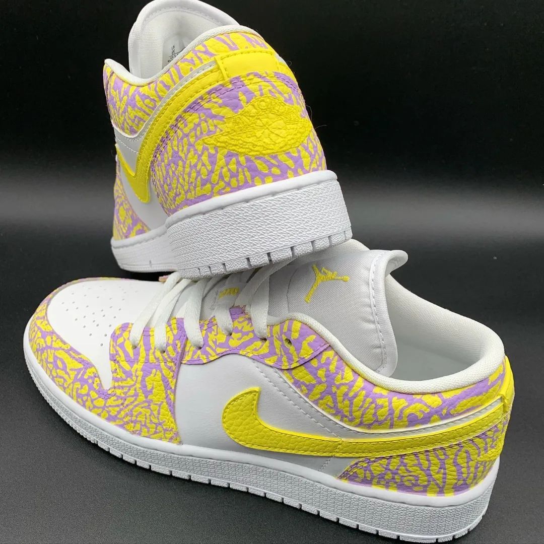 Custom AJ 1s Shoes with Crackle Pattern Yellow Purple
