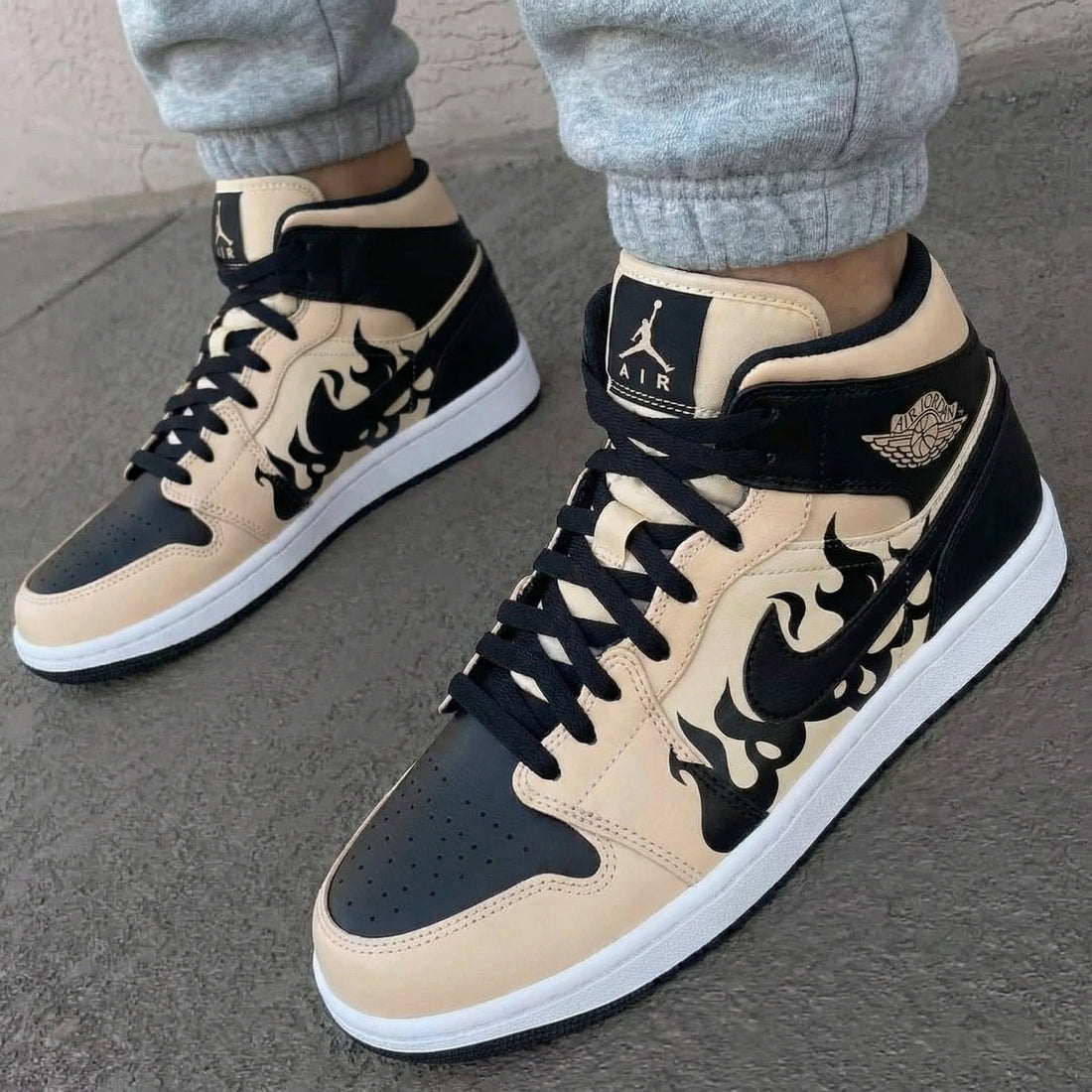 Custom AJ 1s Shoes with Flame Pattern Beige Black