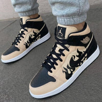 Custom AJ 1s Shoes with Flame Pattern Beige Black