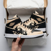Custom AJ 1s Shoes with Flame Pattern Beige Black