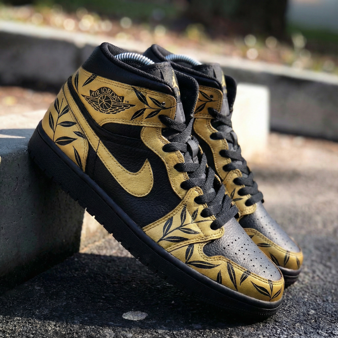 Custom AJ 1s Shoes with Leaf Pattern Black and Gold