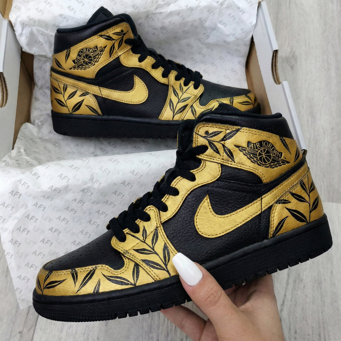 Custom AJ 1s Shoes with Leaf Pattern Black and Gold