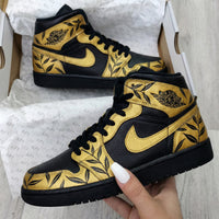 Custom AJ 1s Shoes with Leaf Pattern Black and Gold