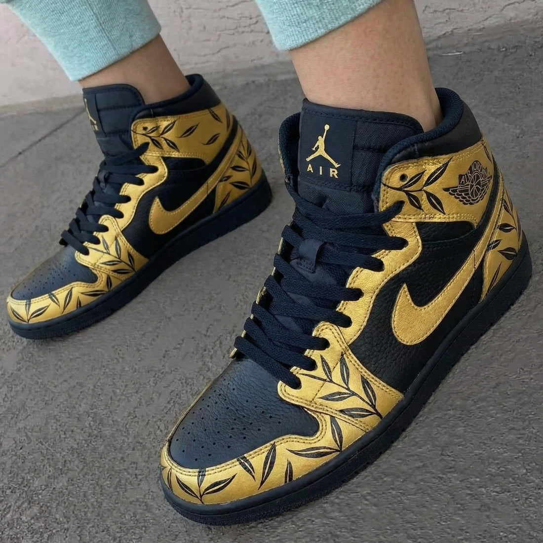 Custom AJ 1s Shoes with Leaf Pattern Black and Gold