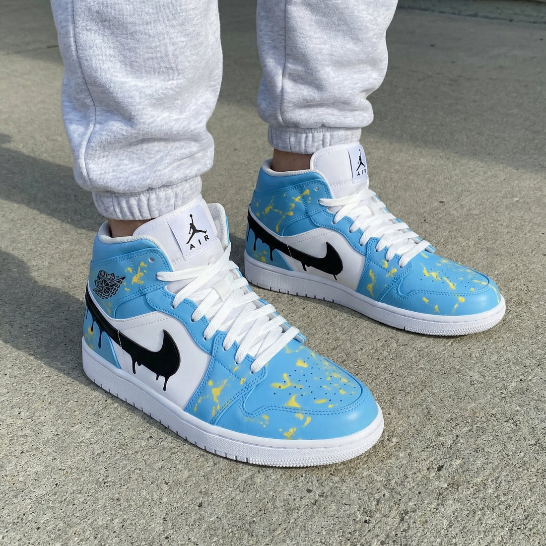Custom AJ 1s Shoes with Paint - Splatter Design Baby Blue Black