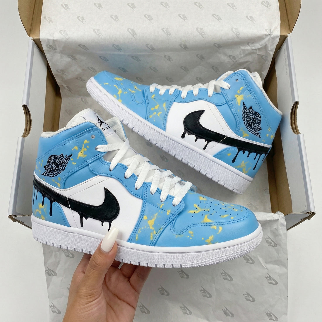 Custom AJ 1s Shoes with Paint - Splatter Design Baby Blue Black