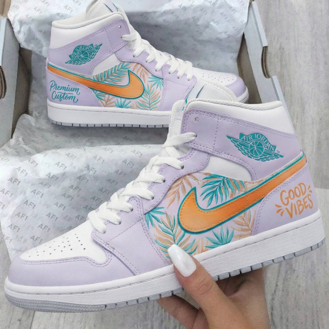 Custom AJ 1s Shoes with Palm Leaf Pattern in Lilac and Orange