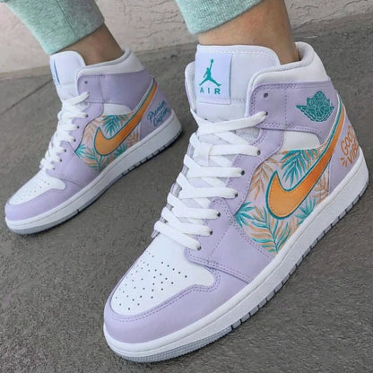 Custom AJ 1s Shoes with Palm Leaf Pattern in Lilac and Orange