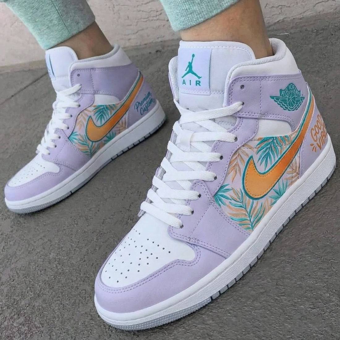 Custom AJ 1s Shoes with Palm Leaf Pattern in Lilac and Orange