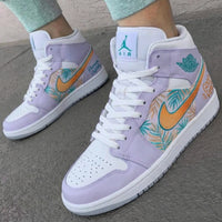 Custom AJ 1s Shoes with Palm Leaf Pattern in Lilac and Orange