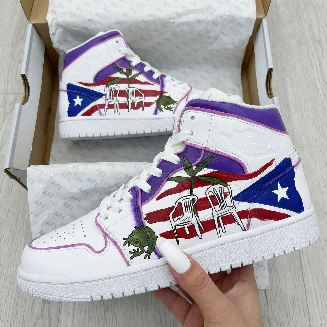 Custom AJ 1s Shoes with Puerto Rico Flag Frog and Plant Pattern Purple Red Blue