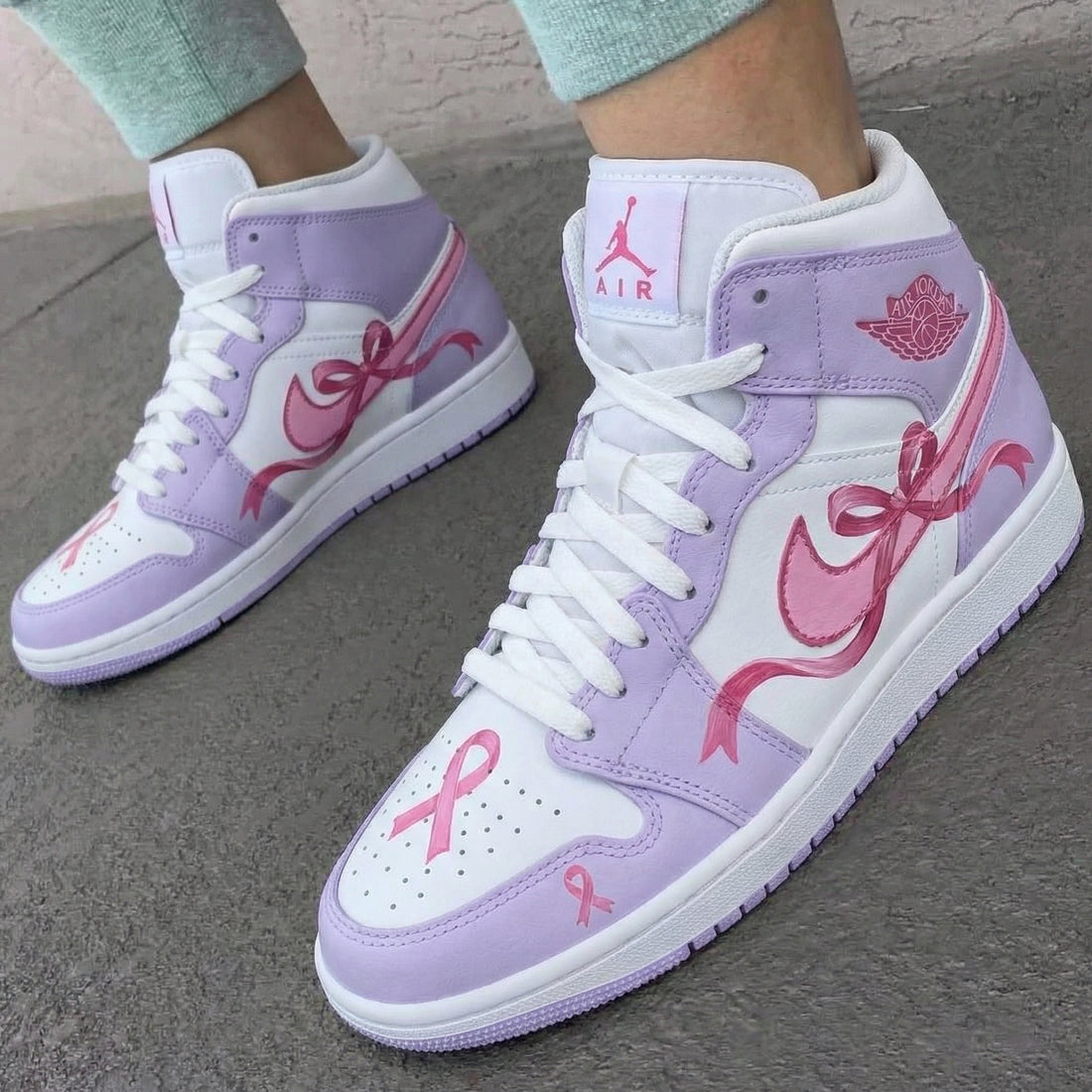 Custom AJ 1s Shoes with Ribbon Design in Baby Purple and Pink