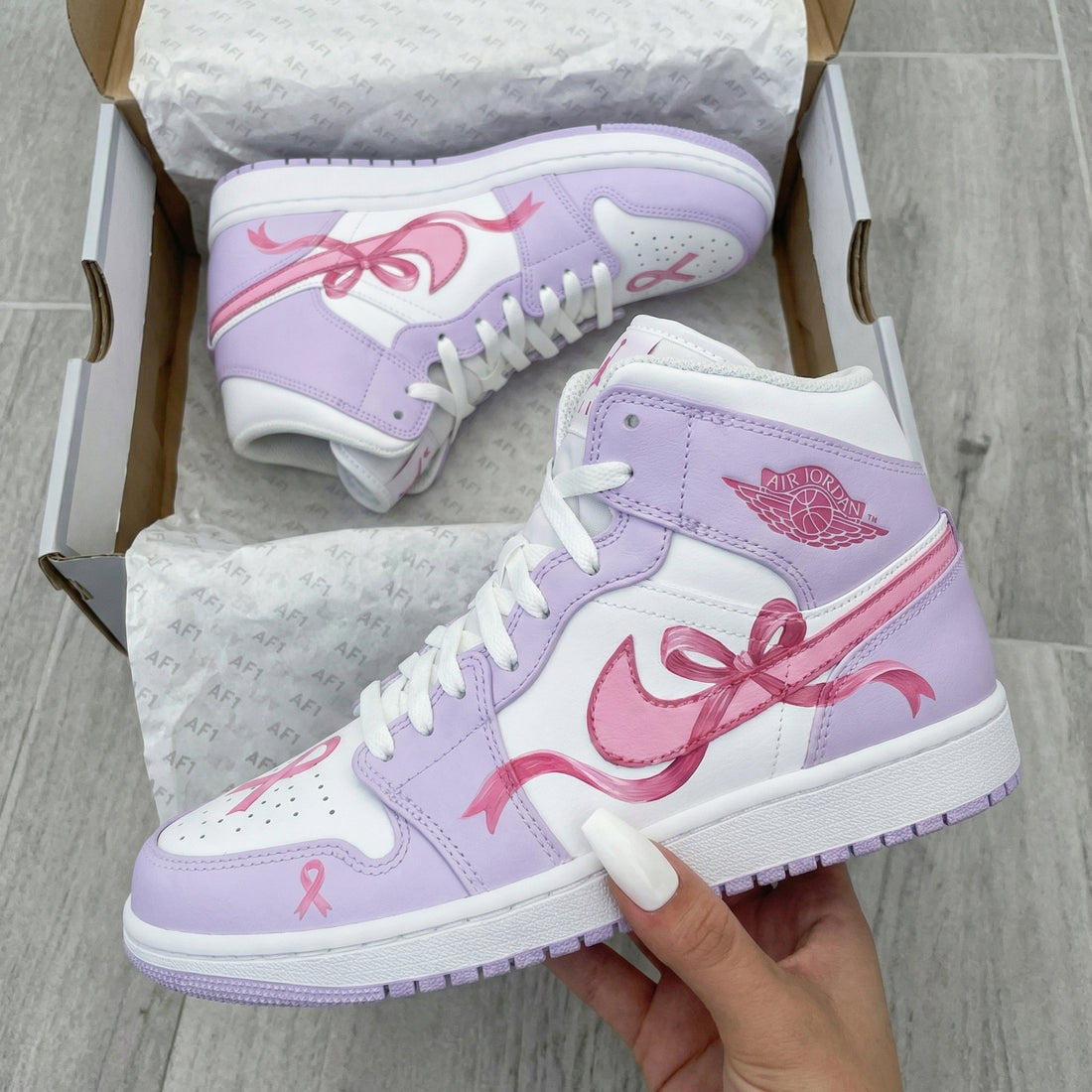 Custom AJ 1s Shoes with Ribbon Design in Baby Purple and Pink