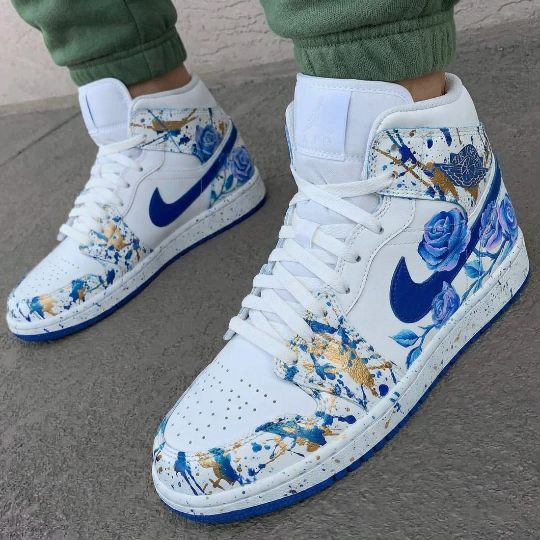 Custom AJ 1s Shoes with Rose and Gold Splatter Design Blue