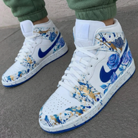 Custom AJ 1s Shoes with Rose and Gold Splatter Design Blue