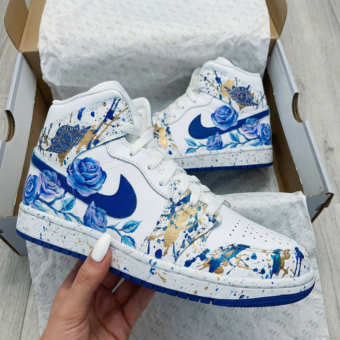 Custom AJ 1s Shoes with Rose and Gold Splatter Design Blue