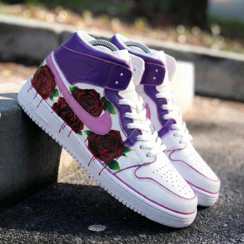 Custom AJ 1s Shoes with Rose Pattern Purple Baby Pink