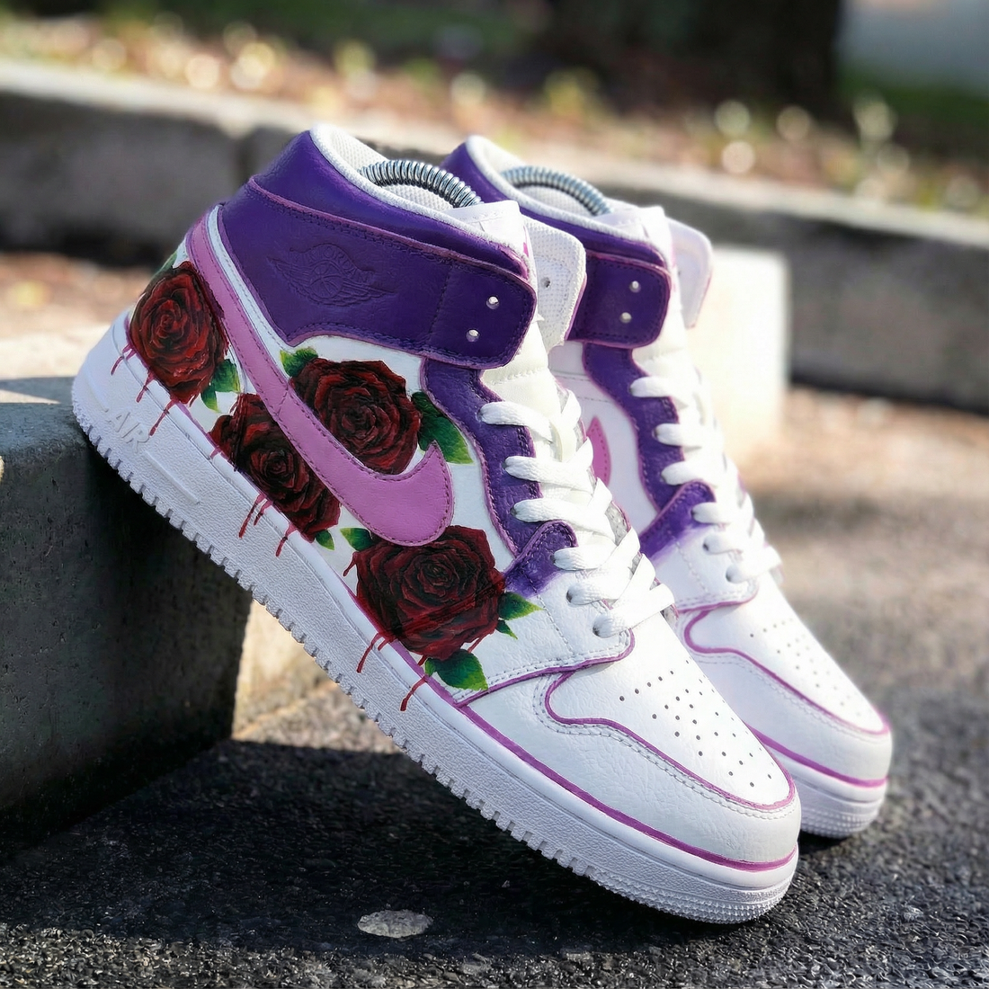 Custom AJ 1s Shoes with Rose Pattern Purple Baby Pink