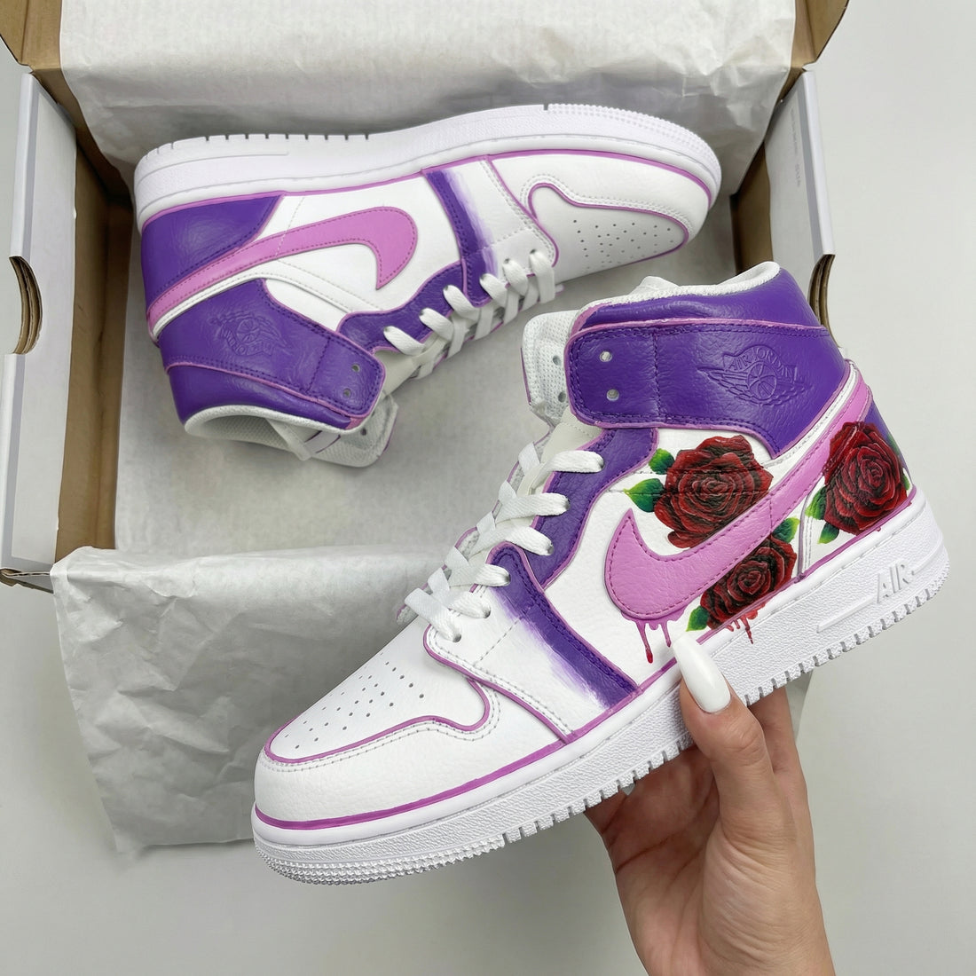 Custom AJ 1s Shoes with Rose Pattern Purple Baby Pink
