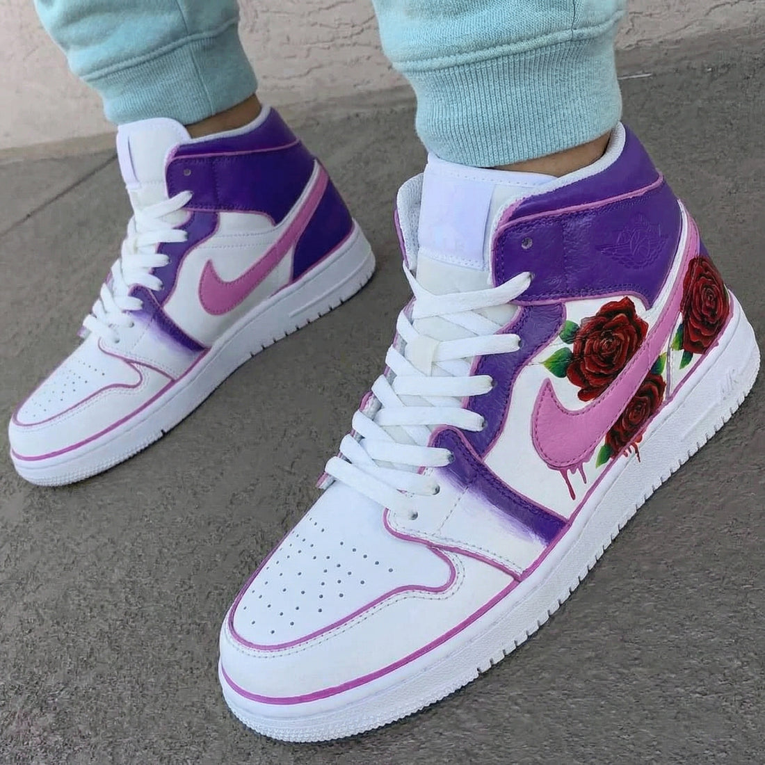 Custom AJ 1s Shoes with Rose Pattern Purple Baby Pink