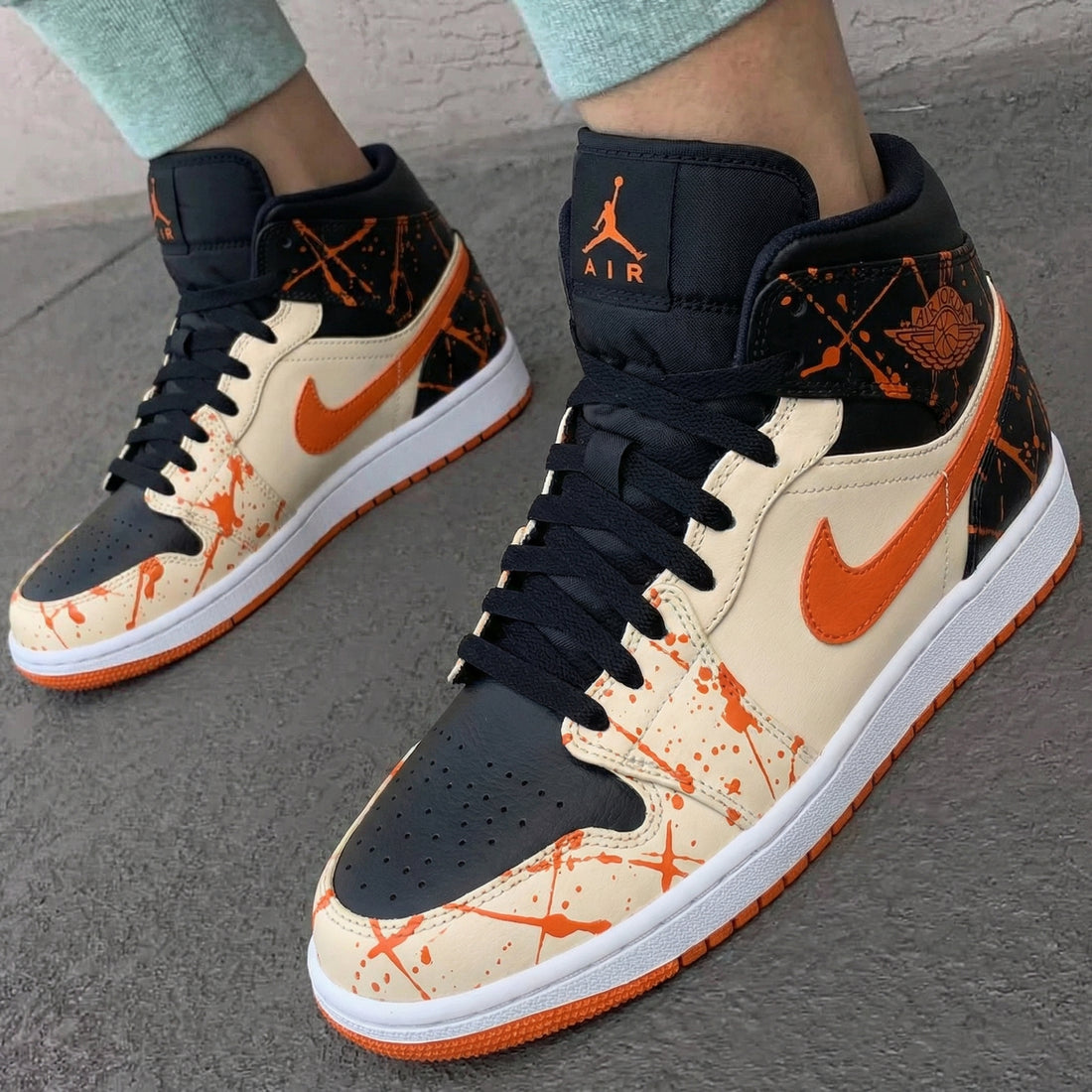 Custom AJ 1s Shoes with Splatter Pattern Black Orange and White