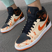 Custom AJ 1s Shoes with Splatter Pattern Black Orange and White