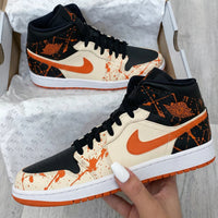 Custom AJ 1s Shoes with Splatter Pattern Black Orange and White