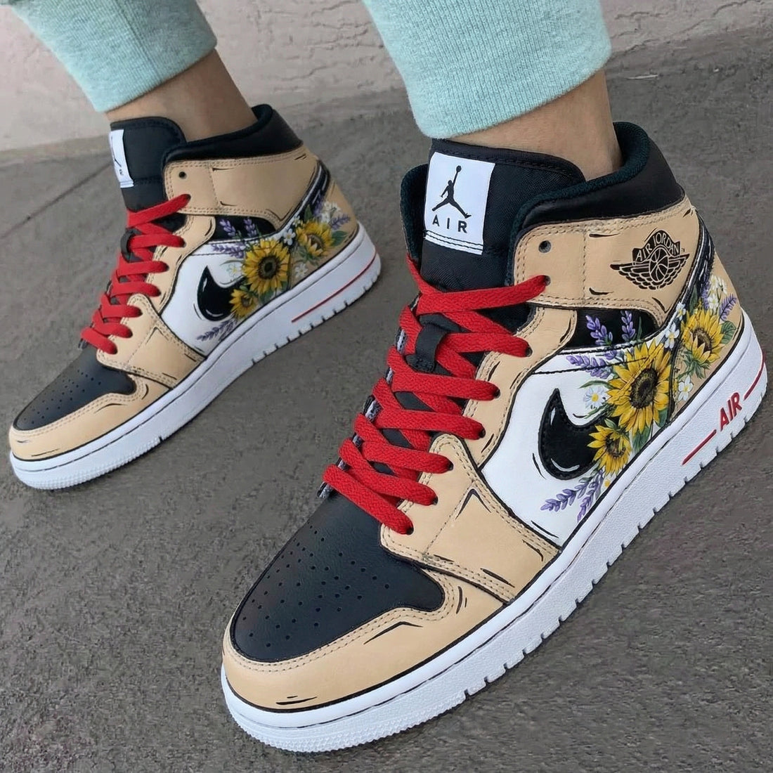 Custom AJ 1s Shoes with Sunflower Pattern in Beige Black Red