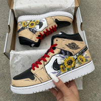 Custom AJ 1s Shoes with Sunflower Pattern in Beige Black Red