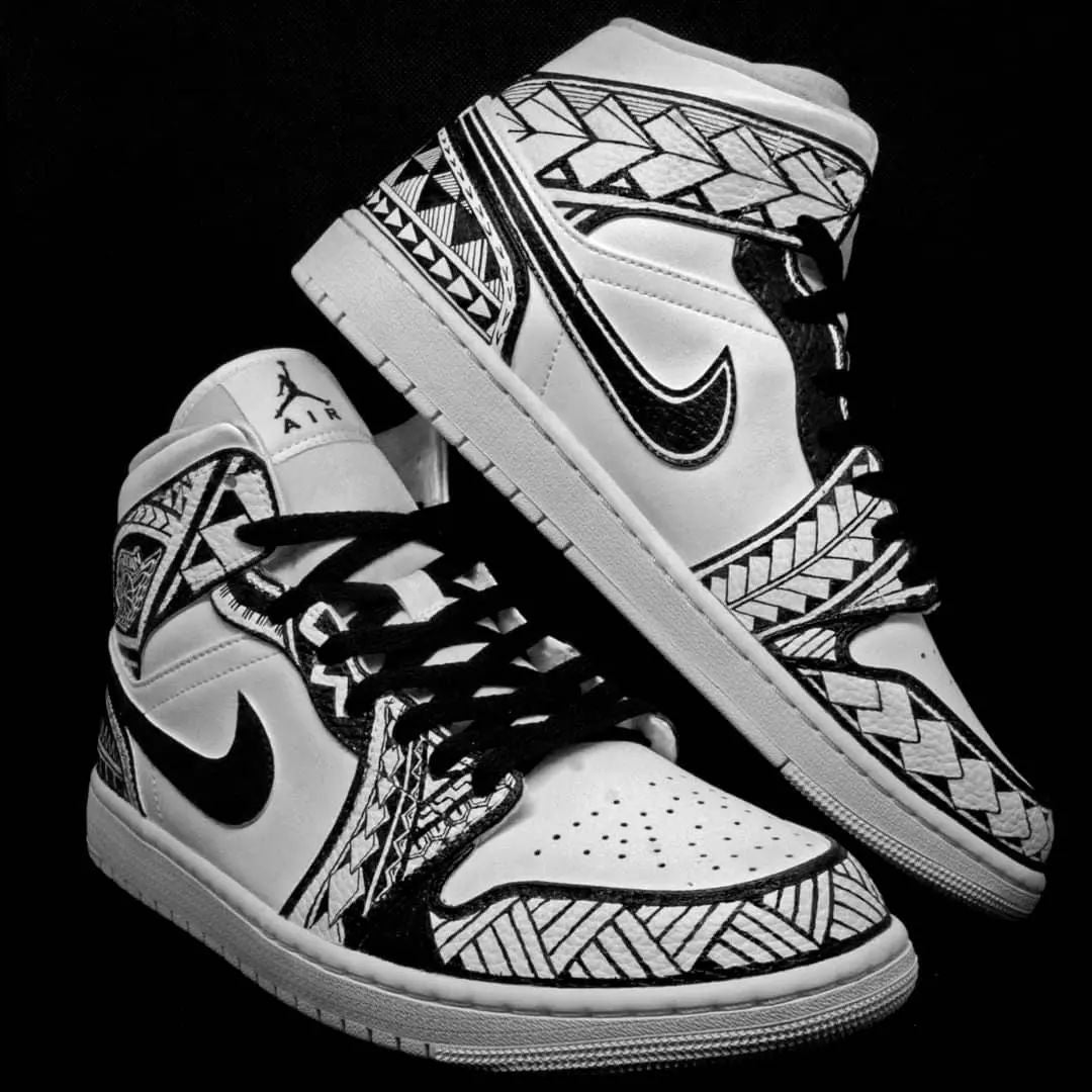 Custom AJ 1s Shoes with Tribal Patterns Black White