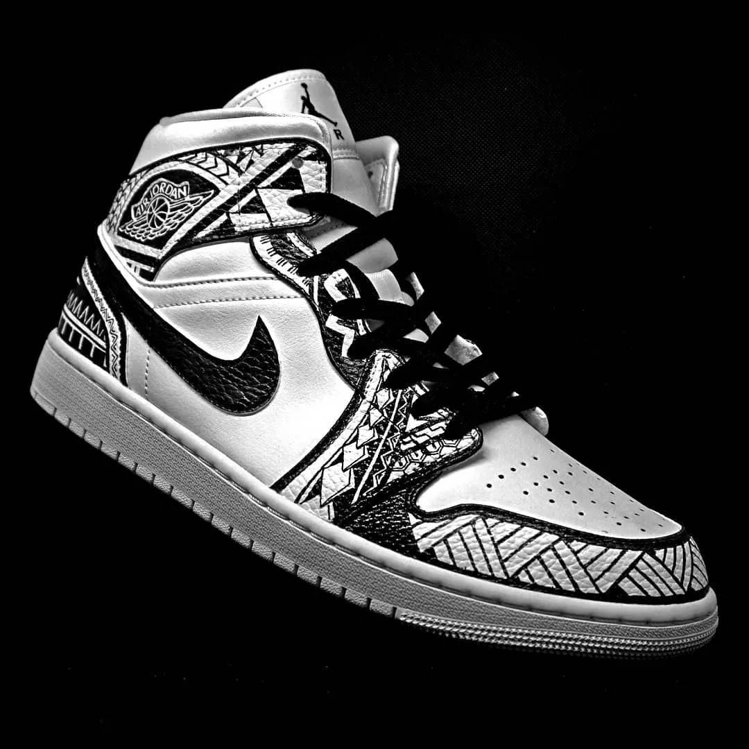 Custom AJ 1s Shoes with Tribal Patterns Black White