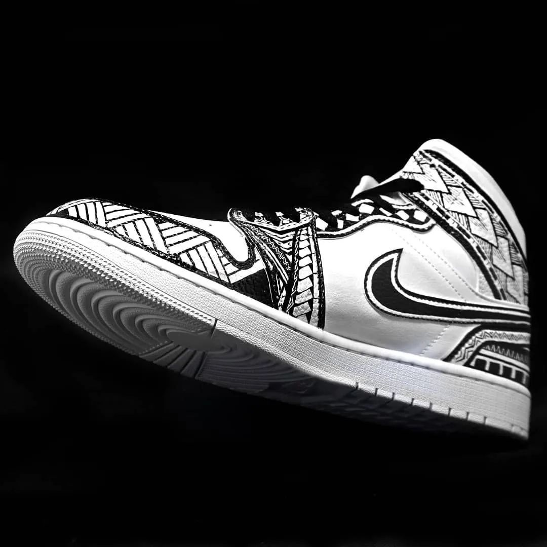 Custom AJ 1s Shoes with Tribal Patterns Black White