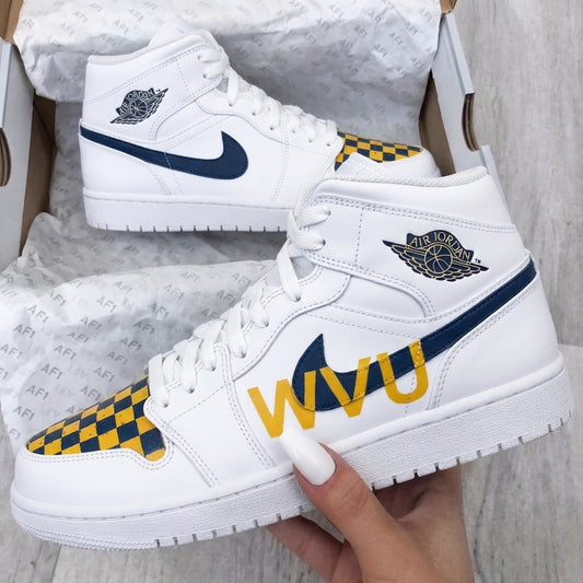 Custom AJ 1s Shoes WVU Text Checkerboard Pattern Navy Yellow