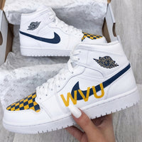Custom AJ 1s Shoes WVU Text Checkerboard Pattern Navy Yellow