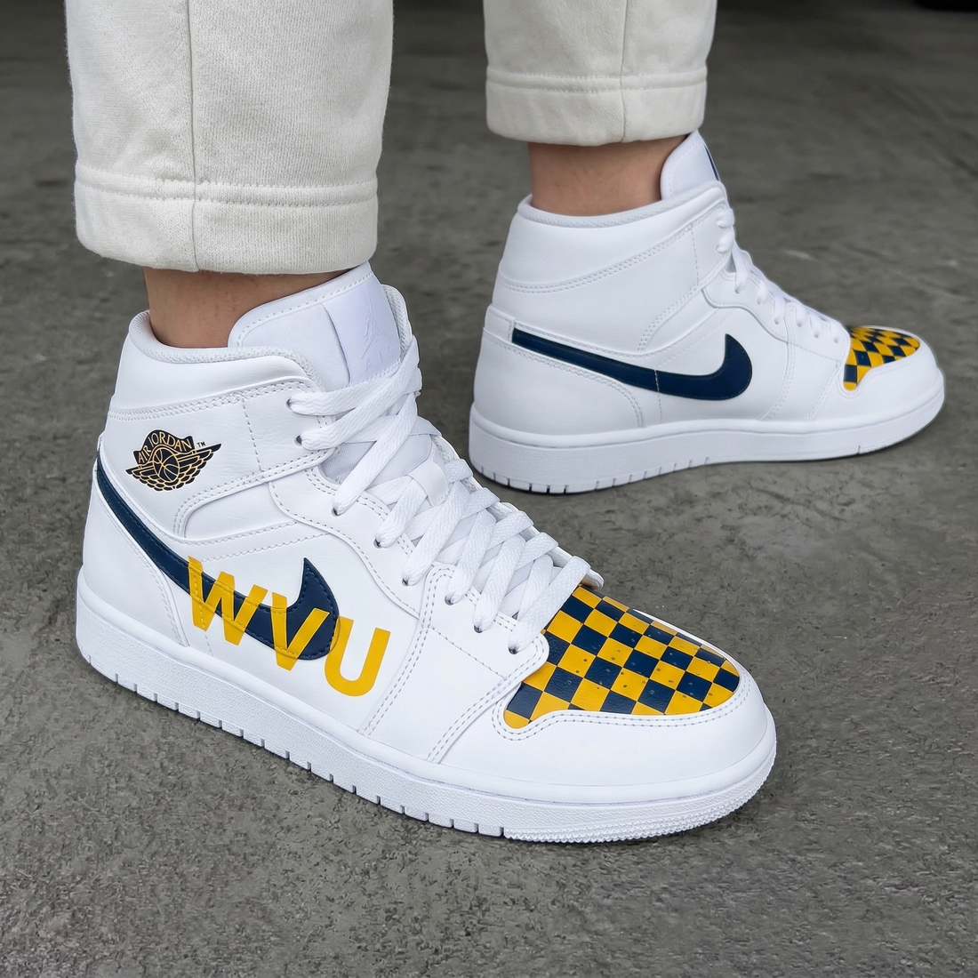 Custom AJ 1s Shoes WVU Text Checkerboard Pattern Navy Yellow