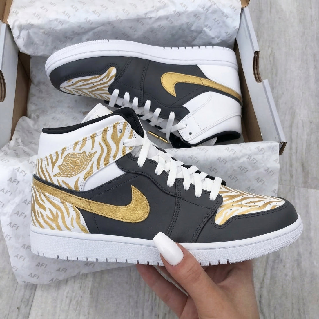 Custom AJ 1s Shoes Zebra Pattern Gold Black