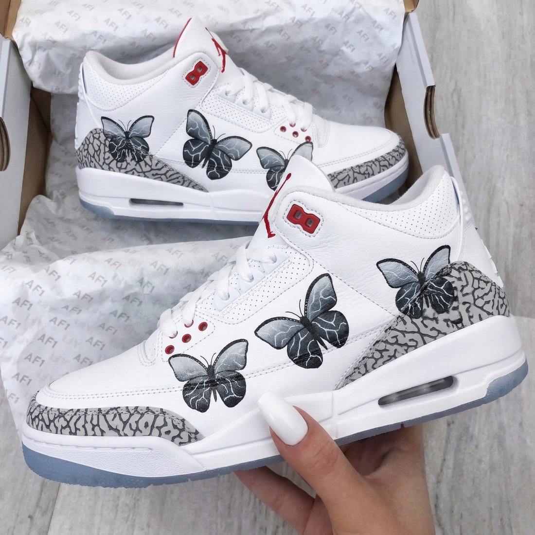 Custom AJ 3s Shoes Butterflies Gray Red