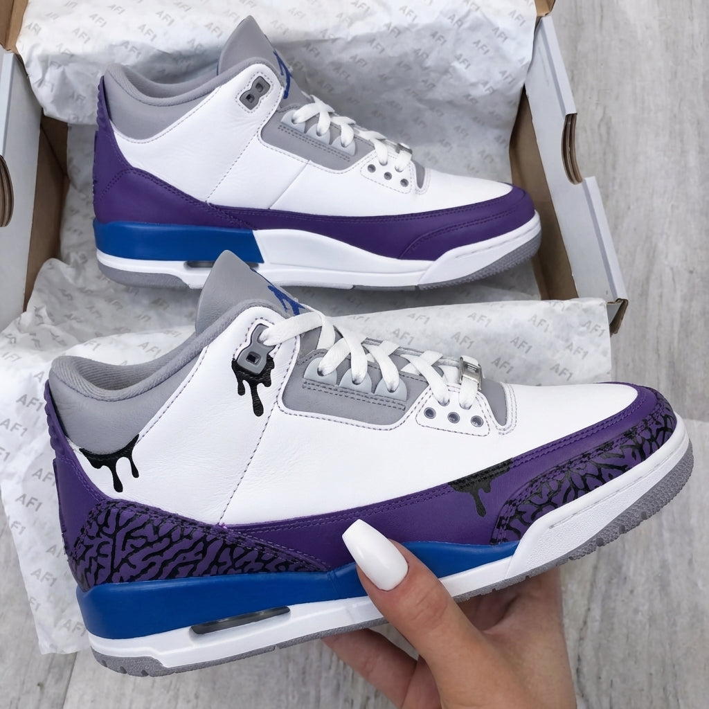 Custom AJ 3s Shoes Drip Crackle Patterns Purple Blue Grey