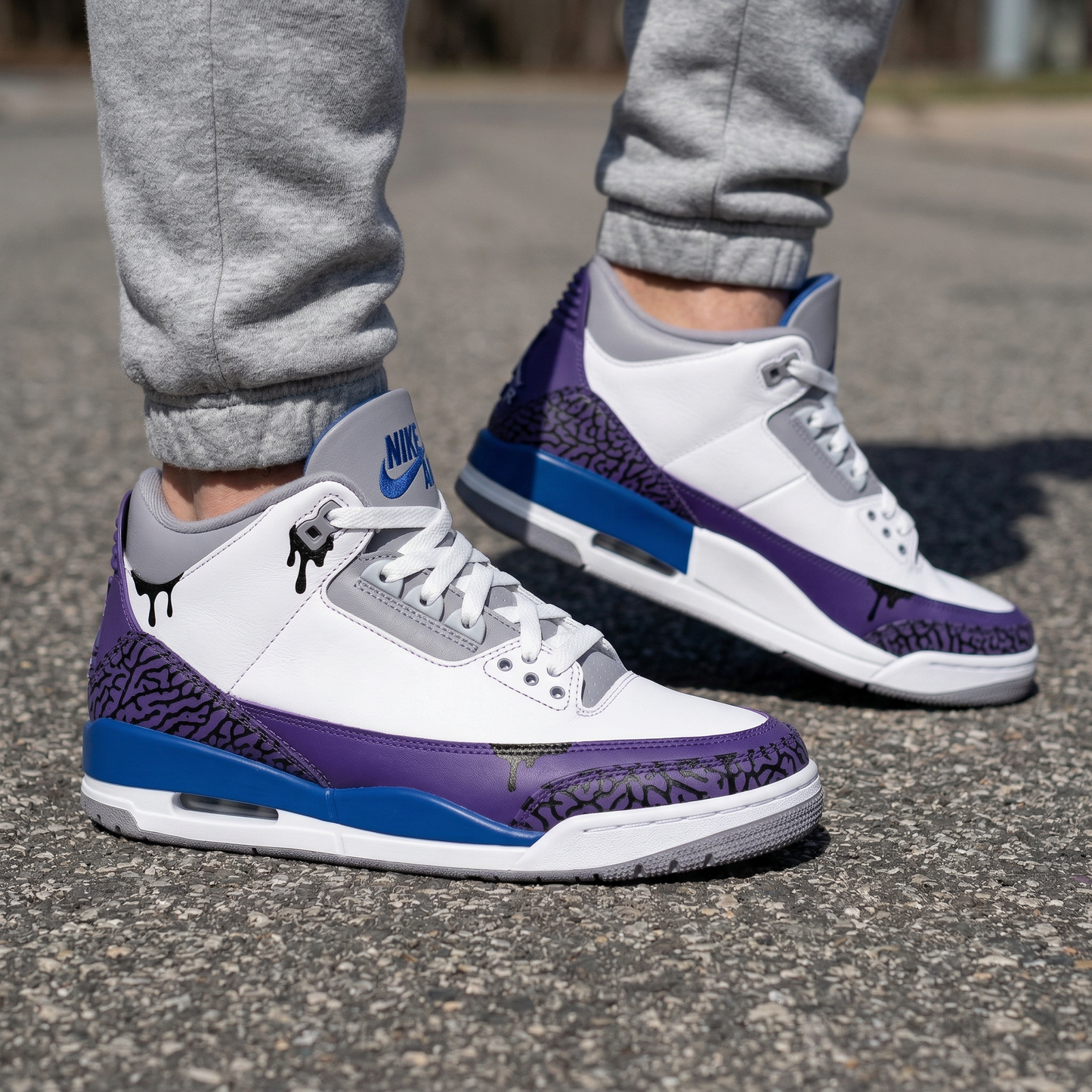 Custom AJ 3s Shoes Drip Crackle Patterns Purple Blue Grey