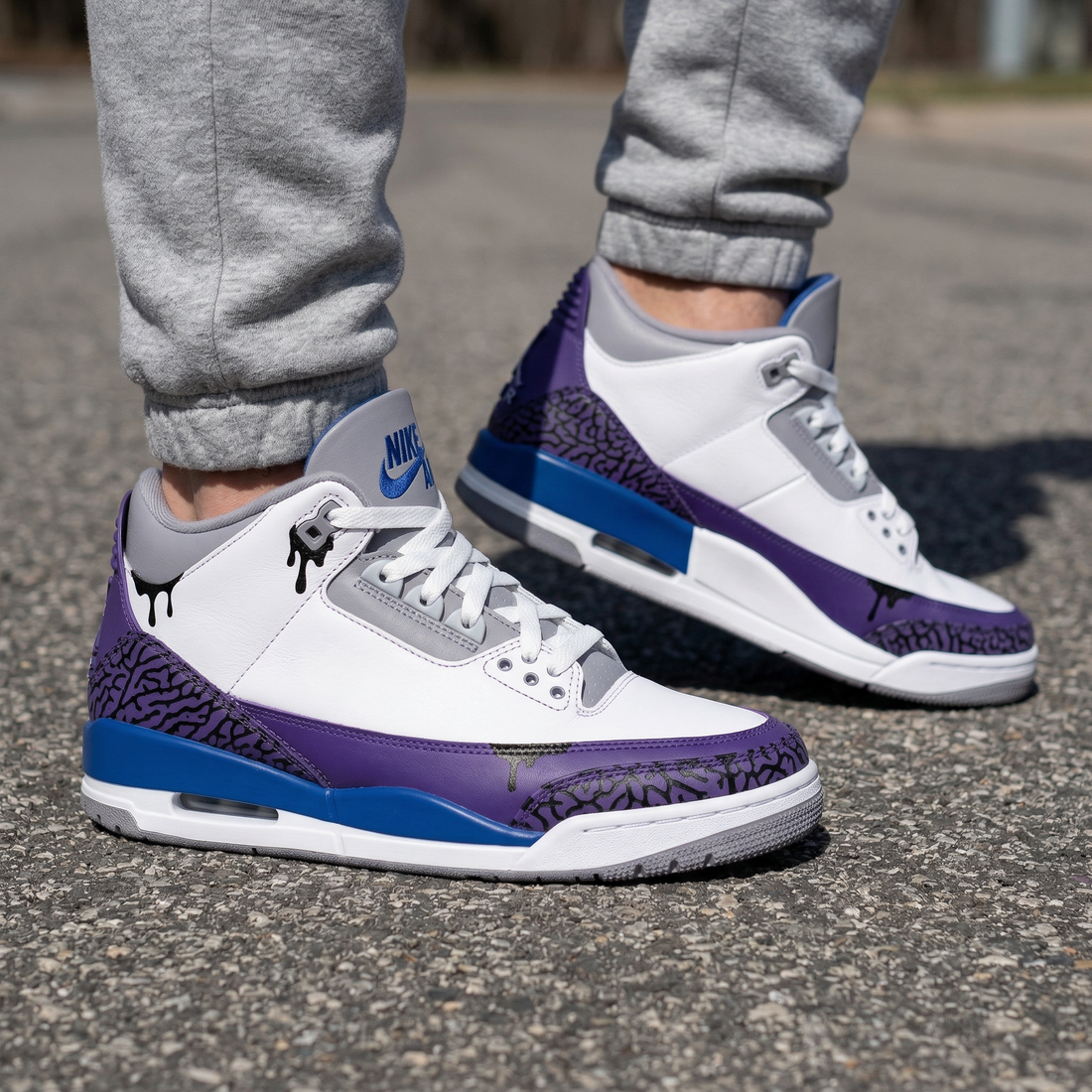 Custom AJ 3s Shoes Drip Crackle Patterns Purple Blue Grey